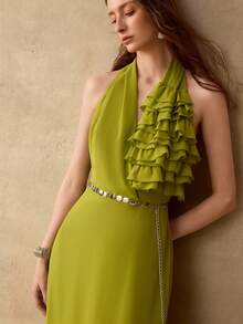 MOTF PREMIUM WOMEN'S FLORAL DECOR SEQUIN HALTER NECK CINCHED WAIST FLARED DRESS - Olive Green - View 4