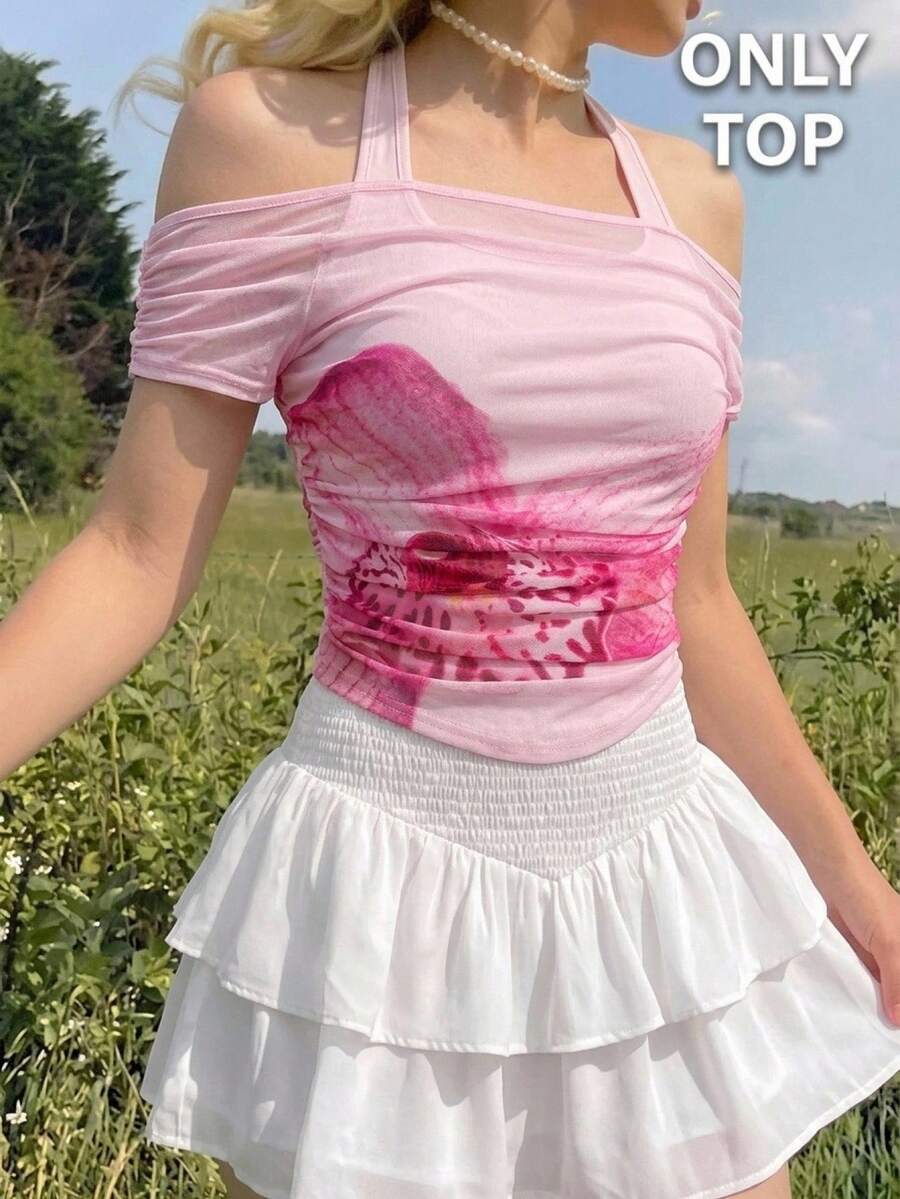 SHEIN MOD 女款粉色花卉印花短版上衣,優雅夏季不對稱肩帶透視抓皺T恤,適合度假野餐派對生日 - 粉色 - 查看 1