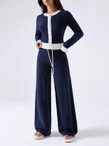 LYSMO Women's Colorblock Long Sleeve Single-Breasted Knit Cardigan And Knit Pants Casual Set - Navy Blue - View 1