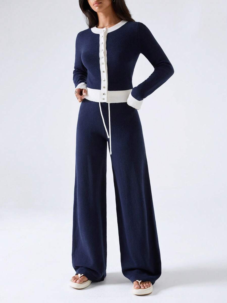 LYSMO Women's Colorblock Long Sleeve Single-Breasted Knit Cardigan And Knit Pants Casual Set - Navy Blue - View 1