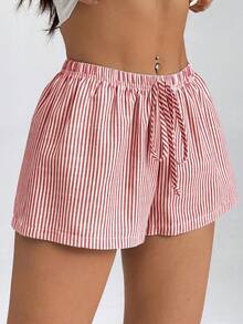 SHEIN PETITE 女款條紋低腰短褲，適合夏季度假海灘 - 紅色 - 查看 6