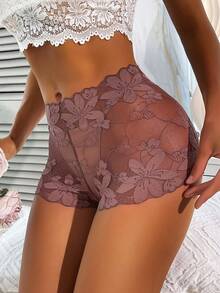 SHEIN 1件性感蕾絲女款內褲，簡約浪漫女款四角內褲 - 棕色 - 查看 4