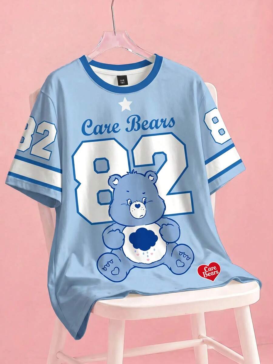 SHEIN X Care Bears 大码夏季休闲字母熊印花圆领短袖T恤 - 白色 - 查看 1