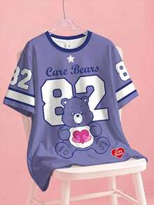 SHEIN X Care Bears Áo thun cổ tròn tay ngắn in chữ và hoạt hình gấu cỡ lớn mùa hè - trắng - Xem 1