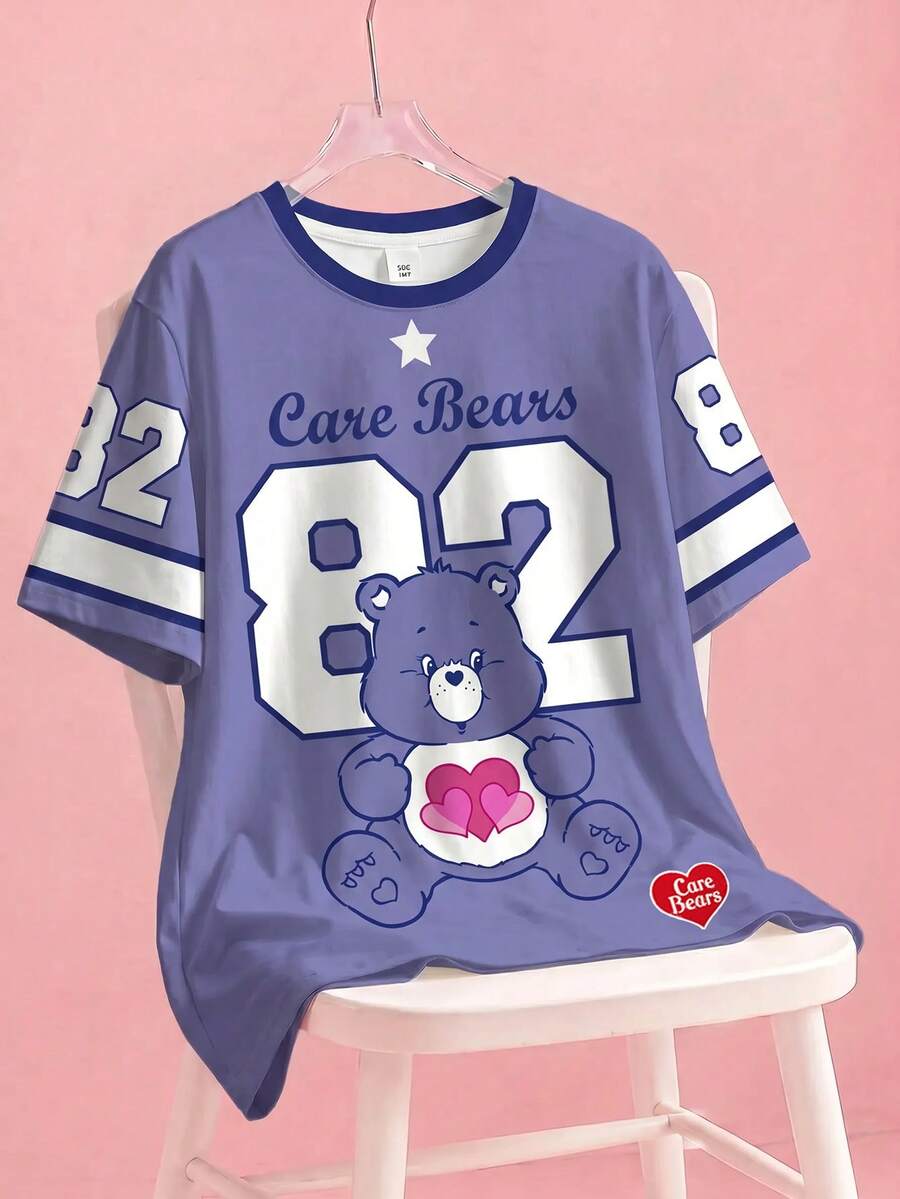 SHEIN X Care Bears Áo thun cổ tròn tay ngắn in chữ và hoạt hình gấu cỡ lớn mùa hè - trắng - Xem 1
