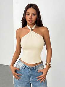 SHEIN PETITE 女款純色金屬裝飾時尚修身掛脖上衣，適合演唱會穿著 - 淡黃色 - 查看 8