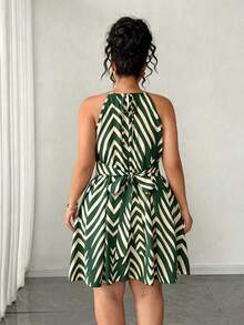 Elenzga Plus Size Women's Elegant Sexy Green Vacation Print Halter Neck Short Dress Round Neck Tie-Up Spring Summer Party Date Night - Green - View 2