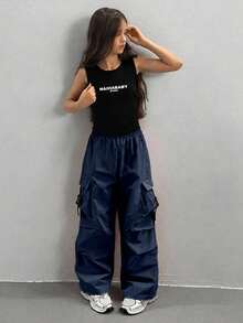 Tween Girls' Casual Cargo Pants With Flap Pockets - Royal Blue - View 5