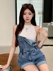 DAZY Quần yếm short denim nữ mùa hè ống rộng, gấu xắn, mài rách, màu xanh wash, phong cách Y2K - Màu xanh lam - Xem 3