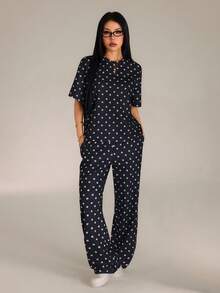 SHEIN PETITE 女款圓點印花時尚圓領短袖T恤與休閒長褲兩件套 - 黑色 - 查看 1