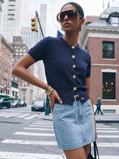 Maija Women's Casual French Versatile Solid Color Short Sleeve Cardigan, Office Outfits,Autumn Holiday Outfits Navy Blue