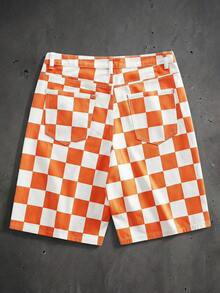 ROMWE MEN Pantalones cortos de mezclilla holgados con diamantes brillantes a cuadros para hombres - Naranja - Ver 3