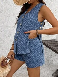 SHEIN 孕婦V領時尚金屬扣背心上衣與牛仔短褲兩件套 - 藍色 - 查看 1
