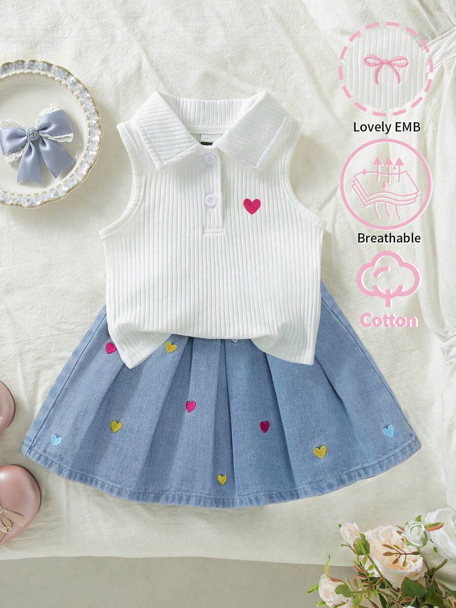 Genkimix Kids 女童夏季新款休閒套裝，白色羅紋 Polo 無袖上衣，淺藍色丹寧愛心刺繡裙，鬆緊腰 A 字版型，柔軟舒適面料，適合校園、日常穿著、外出與聚會