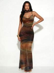 Normani Women's Pastal Draped Neck Fitted Elegant Sexy Long Dress Golf - Chocolate Brown - View 4
