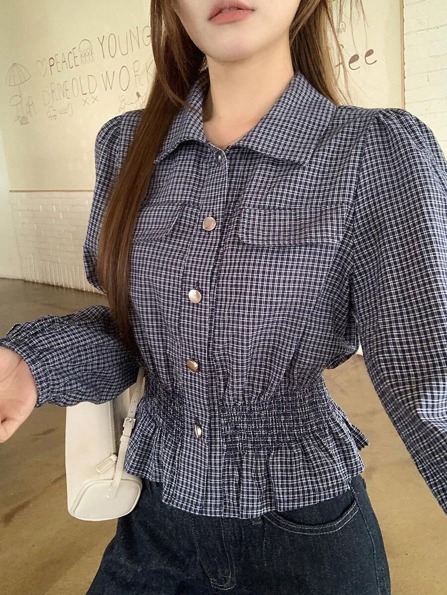 DAZY 女款韓式修身優雅夏季牛仔上衣 - 藏蓝色 - 查看 1