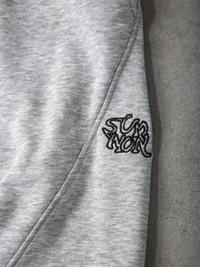 SUMWON Oversized Fleece Jogger Sweatpants With Drawstring Waist Elasticated Cuffs And Logo Embroidery - Grey - View 4