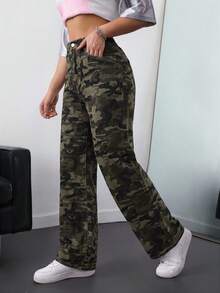 SHEIN ICON 大尺碼女款休閒口袋直筒牛仔褲 - 軍綠色 - 查看 6