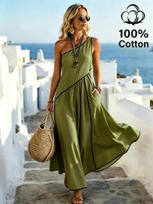 SHEIN Holidaya Women's Summer Pure Cotton Slouchy Linen-Like Asymmetric Shoulder Elegant Loose Contrast Trim Long Dress, Gentle Style, Vacation Style, Fresh Versatile, Youthful, Pastoral Style, Home Wear - Green - View 5