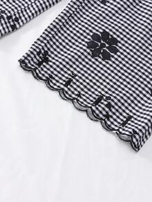 SHEIN 女童長褲 黑白格紋印花刺繡下擺 時尚百搭 適合日常穿著、居家、外出與聚會 - 黑色 - 查看 4