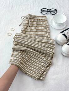 Teen Girl Knit Striped Drawstring Fitted Casual Long Pants - Khaki - View 5