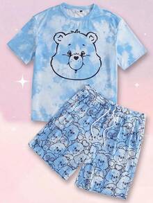 SHEIN X Care Bears 男士卡通熊扎染印花圆领短袖上衣和短裤睡衣套装 - 淺藍色 - 查看 1