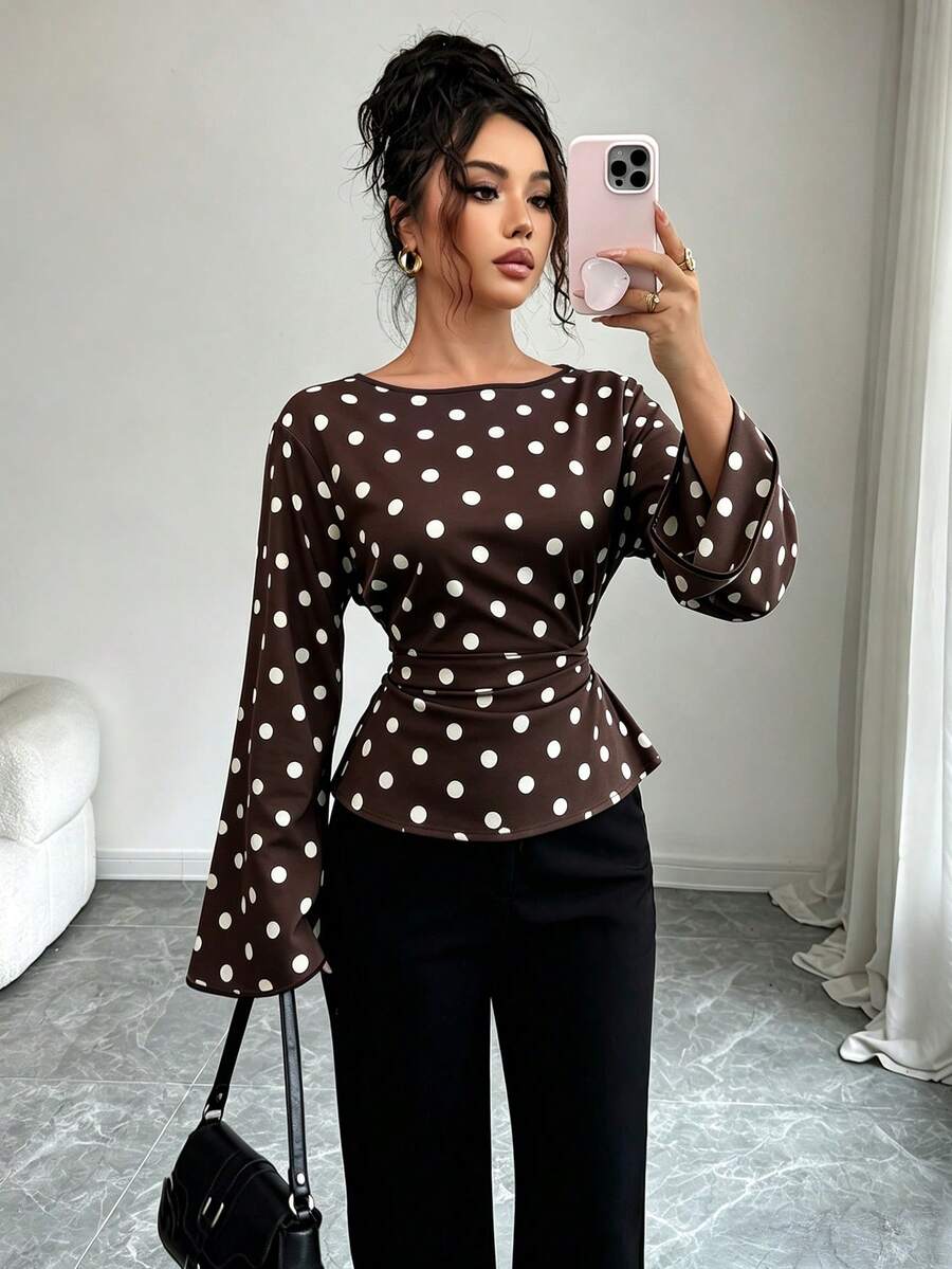 Siren Gaze Womens Elegant Polka Dot Blouse Boat Neck Long Lantern Sleeve Peplum Top With Waist Tie Detail For Daily Wear