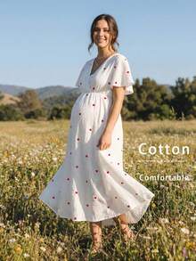 Boho Mama 夏季孕妇装，爱心图案荷叶边短袖哺乳连衣裙，孕妇及哺乳期妇女连衣裙，产后妇女连衣裙，100%纯棉连衣裙，田园风连衣裙，女士服装，纯棉连衣裙，棉质女装，女装 - 紅色 - 查看 3