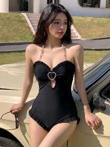 DAZY 女款純色金屬接扣掛脖式連身泳衣，適合海邊度假、泳池派對、海灘派對 - 黑色 - 查看 4
