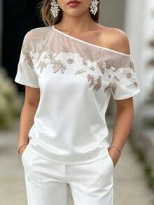 SHEIN Women's Elegant Vacation Casual Date Party Floral Embroidery Mesh Satin Camisole White Summer - White - View 3