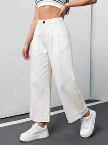SHEIN Tall CURVE 大尺碼休閒百搭素色寬腿牛仔褲 - 白色 - 查看 4