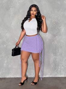 Slaydiva Minifalda de punto de unicolor casual y versátil para uso diario para mujer de talla grande - Morado - Ver 5