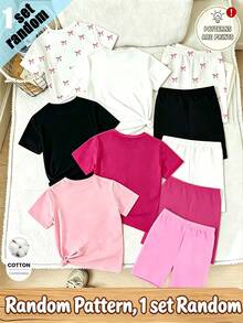 Conjunto de 6 piezas de camiseta de algodón casual y shorts de ciclista con estampado de corona, lazo, y diseños minimalistas y frescos en colores negro, rosa, burdeos para niñas, estilos cómodos y acogedores para primavera, verano y otoño, apto para uso diario y deportivo - Multicolor - Ver 2