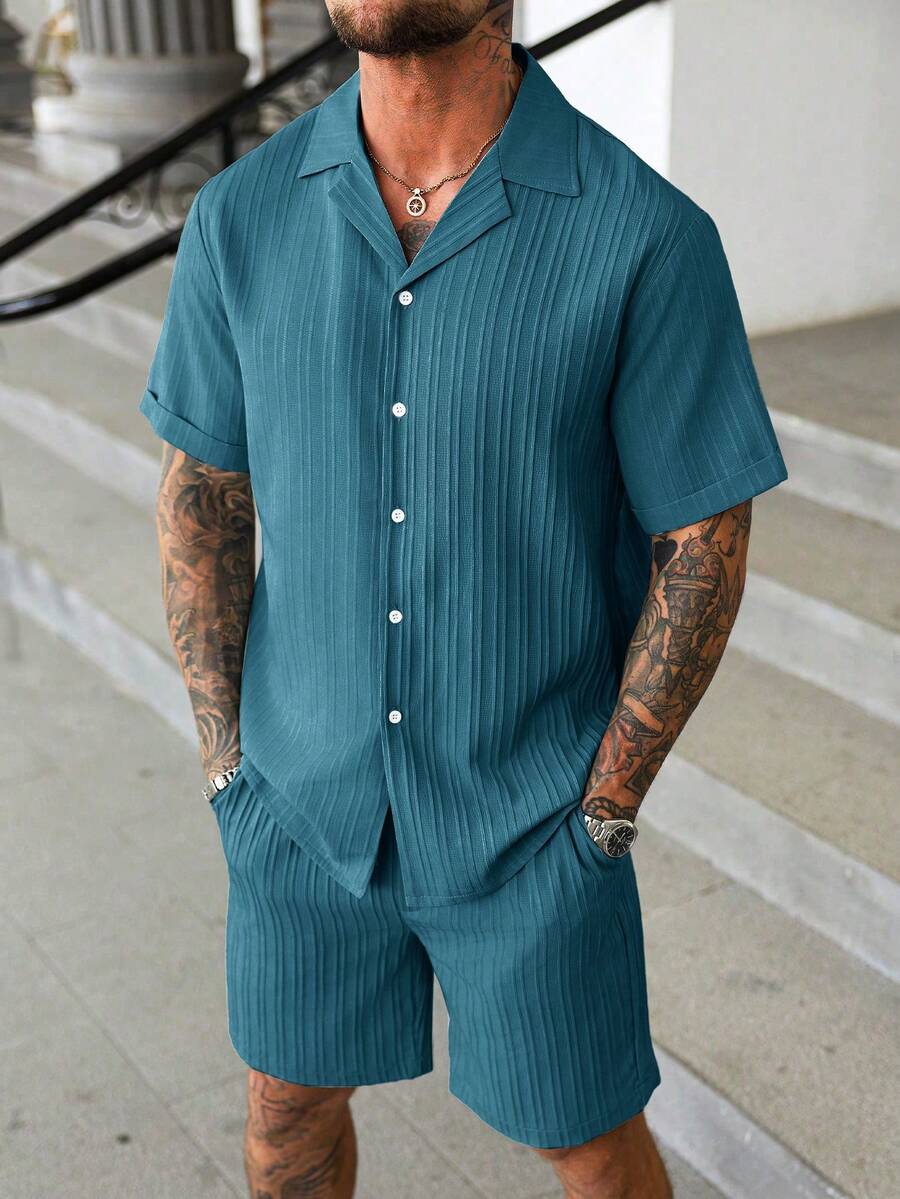 Manfinity Homme 男士成熟風度假休閒襯衫短褲套裝 - 水鴨藍 - 查看 1