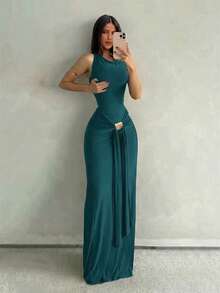 Aloruh Vestido de sirena ajustado sin mangas color marrón para mujer, nuevo para vacaciones de primavera/verano, adecuado para la calle, uso diario y desplazamientos - Agua verde azul - Ver 3