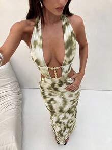 Aloruh Elegantes, sexy Damen-Strandkleid für den Urlaub, figurbetont, lang, mit vorderem Cutout, Perlendekor und Zebramuster - Verschiedenfarbig - Übersicht 9