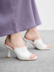 CUCCOO BIZCHIC 女款新款法式質感時尚PU皮革石紋露趾方頭細高跟拖鞋，白色氣質優雅簡約氛圍感一腳蹬高質感百搭仙女風涼鞋 - 米白色 - 查看 5