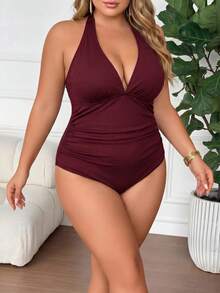 SHEIN CURVE+ 2026夏季大尺碼女款V領酒紅色螺紋抓皺收腹提臀連身泳衣 - 酒紅色 - 查看 4
