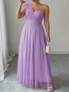 Elenzga Damen-Maxikleid in großen Größen für Frühling/Sommer, zarter Feenstil in Mintgrün mit Quasten und Mesh, schulterfrei mit geraffter Taille, schlankmachend und ausgestellt, geeignet für Hochzeit als Brautjungfer, Gartenparty, Valentinstag-Outfit und Reisefotografie, leichtes und fließendes Mesh-Material, Schleifendekoration für lebendigen und zauberhaften Charme - Violett - Übersicht 5