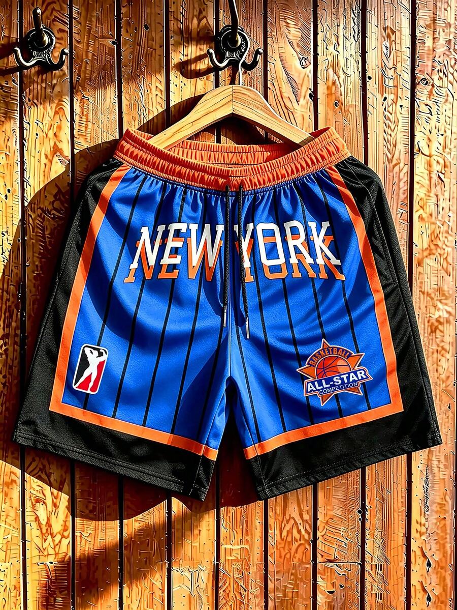 Aesthetic Post Men's Summer Casual Color Block Letter Print Shorts - Multicolor - View 1