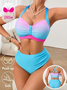 Voyashape DD+ Series Push-Up Soft Cup Bikini Set, Women's Blue Gradient Print Suitable For Summer Casual Beach Holiday Vacation Swimwear, Large Bust Two Pieces Set With Removable Bra Pads - Multicolor - View 6