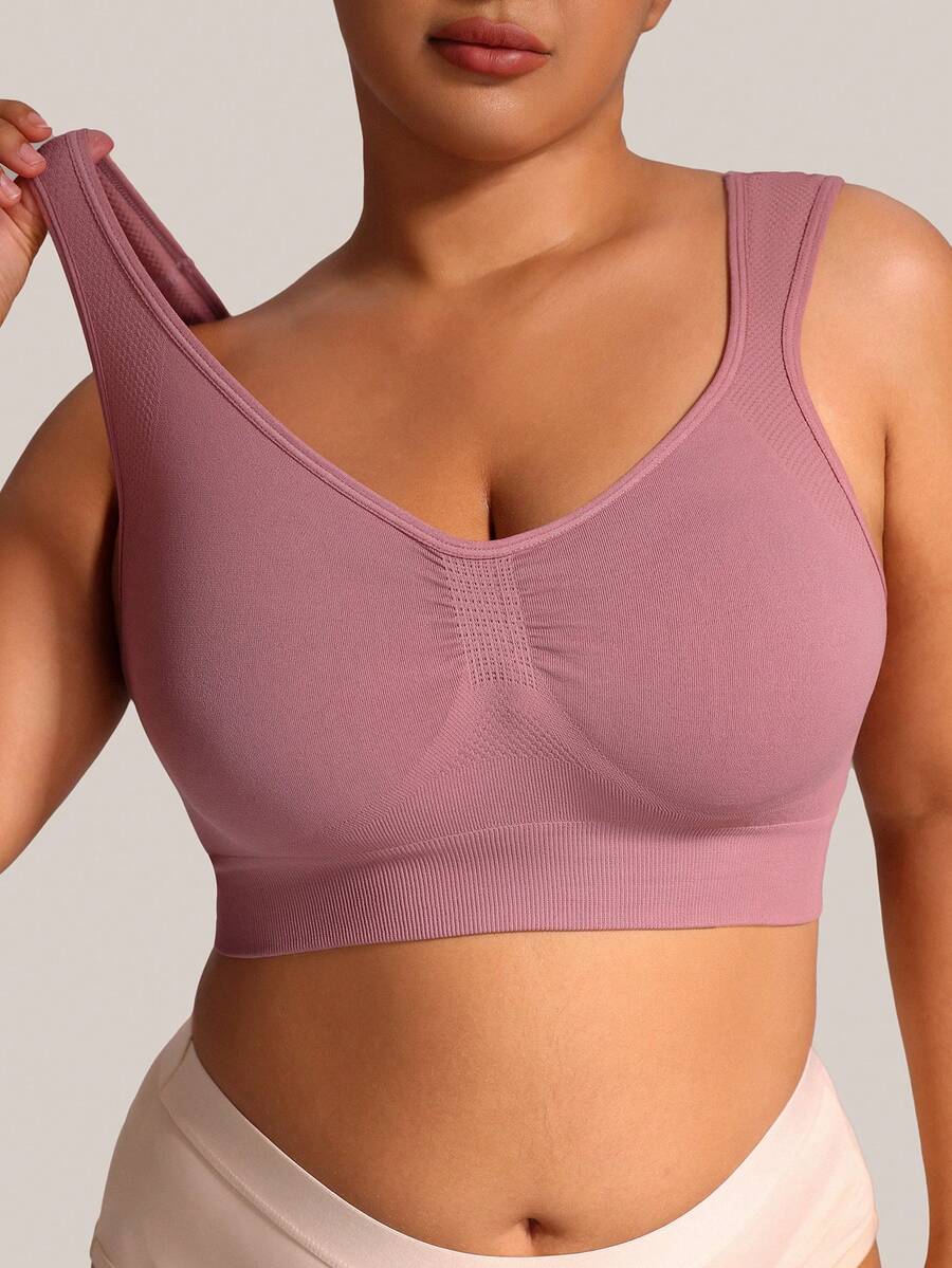 Barelissa 1件無縫無鋼圈寬肩帶內衣,舒適防下垂寬胸部支撐背心式運動休閒日常內著 - 藕粉色 - 查看 1