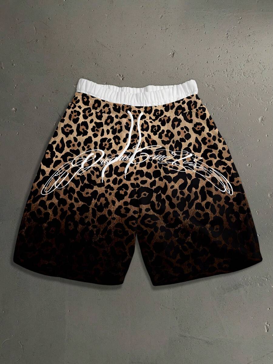StoneGrade Pantalones de chándal para hombre de talla estándar con ajuste holgado, doble cintura, estampado completo de moda con letras inglesas cursivas curvas y estampado de leopardo degradado - Marrón - View 1