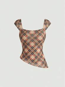 SHEIN MOD Top de tirantes a cuadros para mujer con decoración de lazo y cinta, y bajo asimétrico diagonal - Caqui - Ver 2