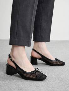 CUCCOO BIZCHIC 女款時尚高跟鞋，蝴蝶結粗跟網紗設計，四季通勤優雅款，基礎度假日常百搭 - 亮黑 - 查看 5