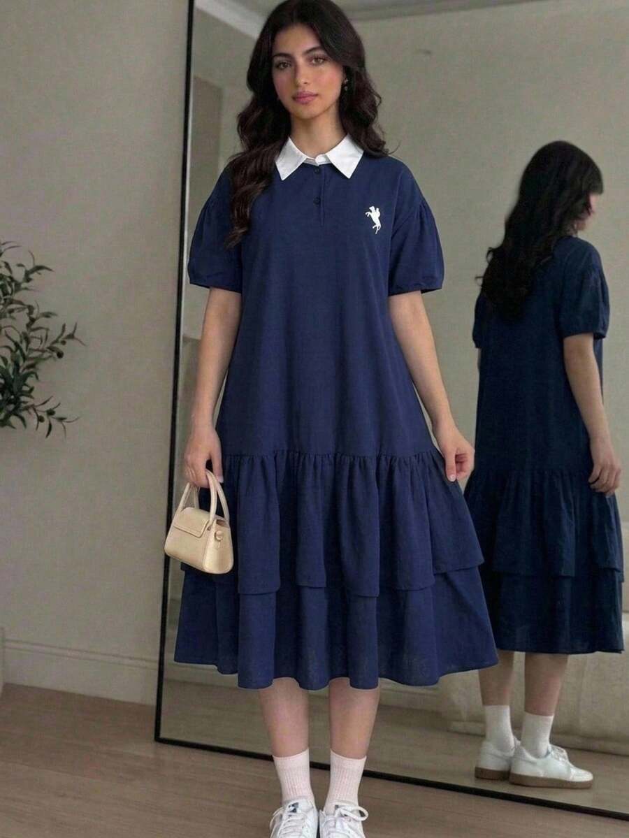 青少年女孩 Polo 領條紋刺繡圖案短袖中長洋裝,適合青少年女孩,對比色荷葉領花瓣袖印花洋裝,適合學校、戶外活動、購物,鈕扣洋裝童裝 - 藍色 - 查看 1