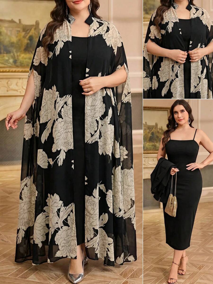 Reflora Plus Size Elegant Party Floral Print Robe 2pcs Set