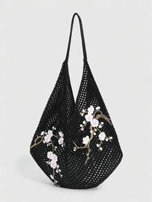 ROMWE Kawaii 1件時尚針織單肩包，黑色鏤空梅花刺繡單肩包，適合日常穿搭 - 黑粉色 - 查看 5