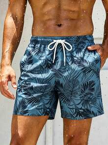 Manfinity Swimmode Shorts de playa con cordón en la cintura y estampado de plantas tropicales para hombre talla grande - Gris - Ver 2