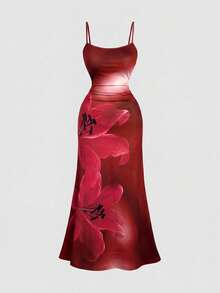 SHEIN MOD 大尺碼女款棕色百合印花 2 件式開襟衫與中長洋裝套裝，適合度假、音樂節 - 酒紅色 - 查看 4